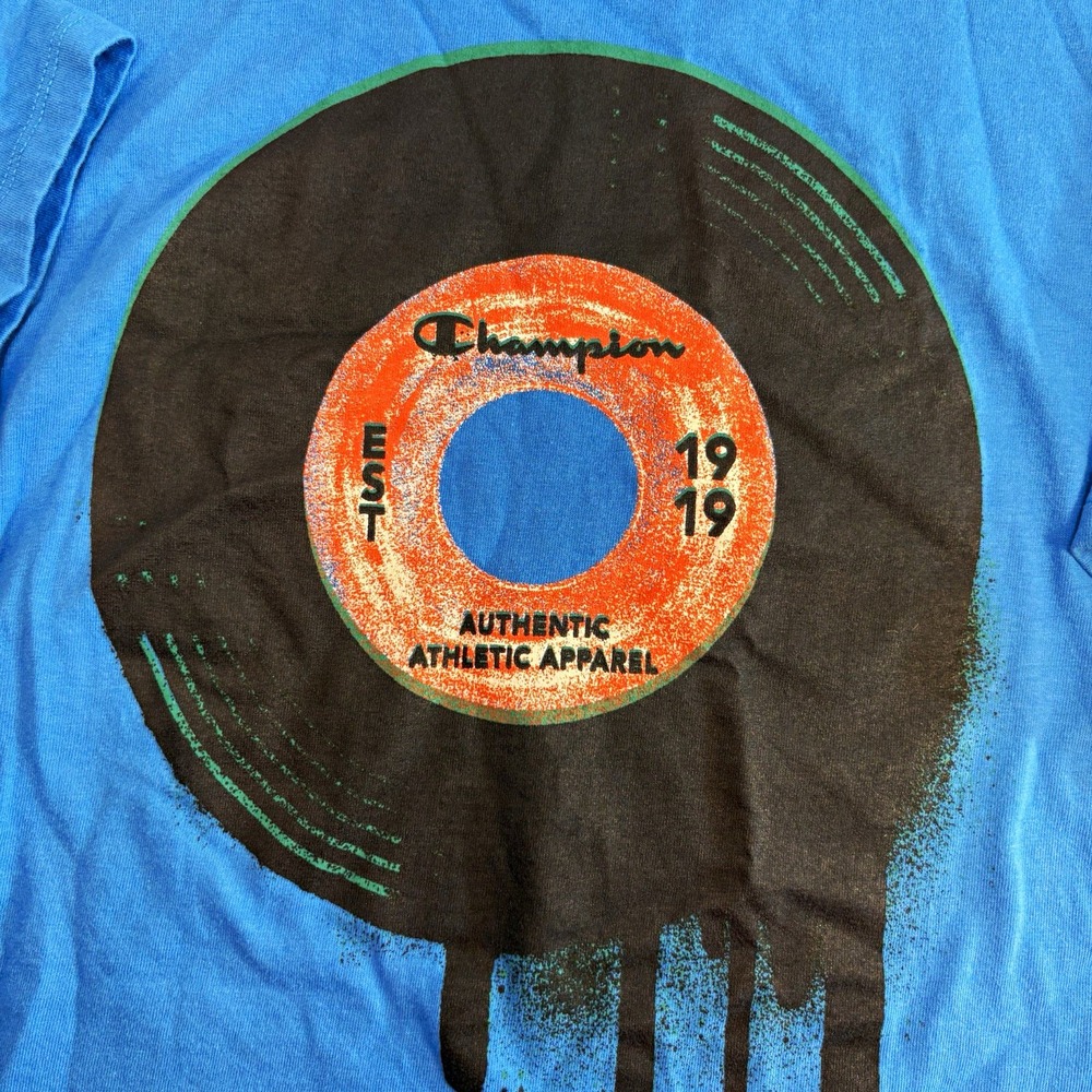 Champion vinyl record graphic logo T shirt Blue Men’s XL Crew Neck Short Sleeve